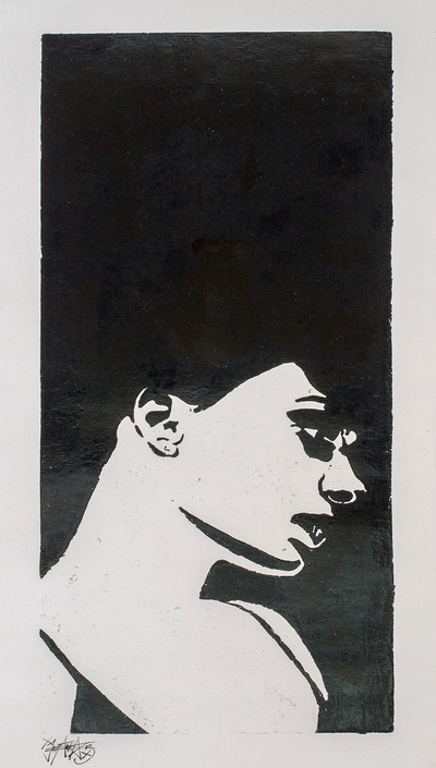 Handmade Woodcut Print Portrait of Woman in Black and White
