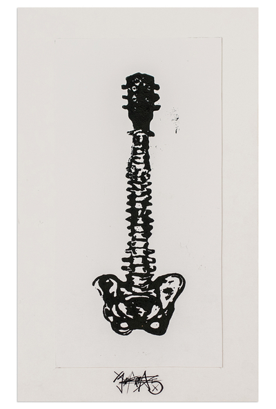 Expressionist Xylograph Print of A Guitar Made of Bones