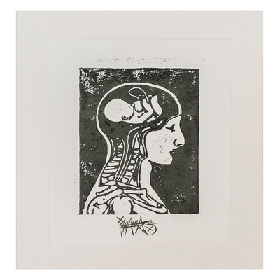 Expressionist Xylograph Print of X-Ray of Man and Fetus