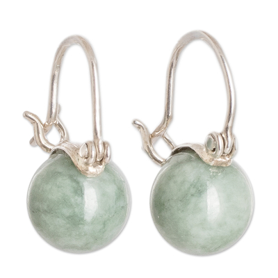 Polished Sterling Silver Hoop Earrings with Green Jade Gems