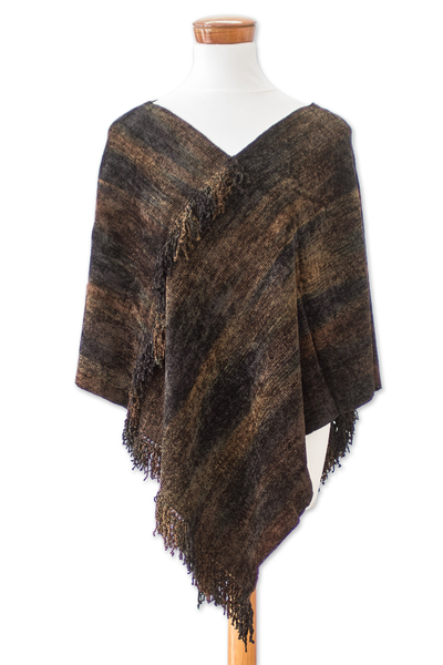 Handwoven Cotton Blend Poncho in Brown and Green Hues