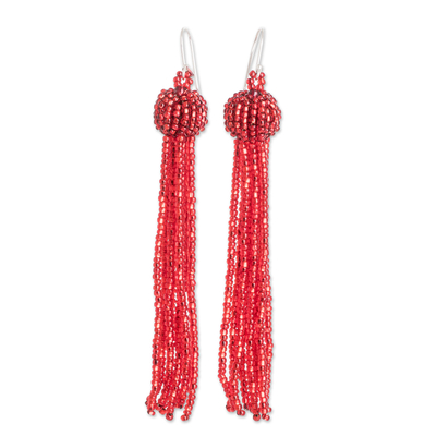 Handmade Crimson Glass Beaded Waterfall Earrings with Hooks