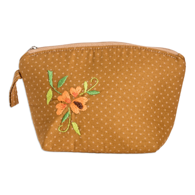 Embroidered Floral and Starry Brown Cotton Cosmetic Bag