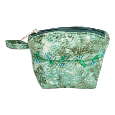 Embroidered Leafy Green Cotton Coin Purse with Zipper