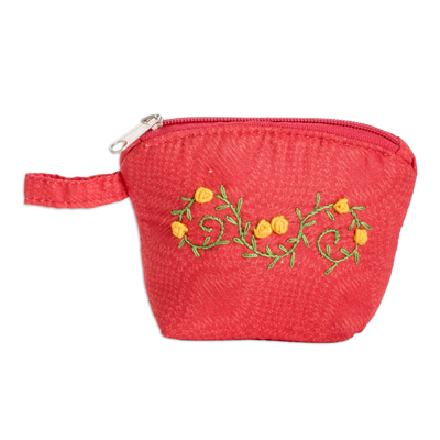 Embroidered Floral Poppy Cotton Coin Purse with Zipper
