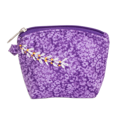Embroidered Floral Purple Cotton Coin Purse with Zipper