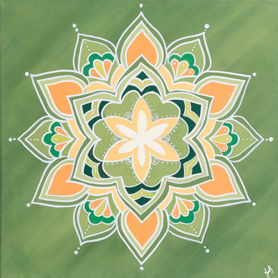 Acrylic Painting of a Lotus Flower Mandala in Green & Orange