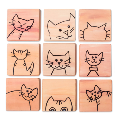 Hand-Painted 9-Piece Wood Wall Art with Cat Motifs