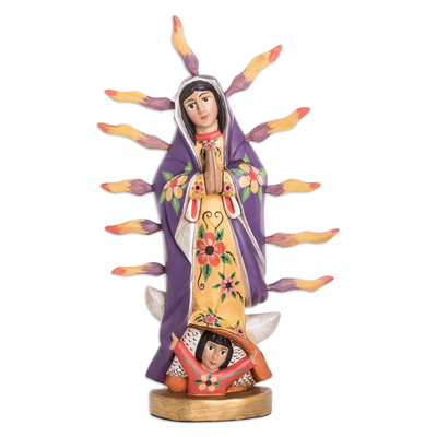 Handcrafted Floral Our Lady of Guadalupe Pinewood Sculpture
