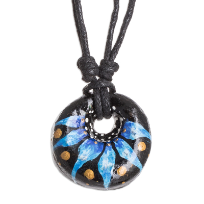 Floral Adjustable Painted Ceramic Pendant Necklace in Blue