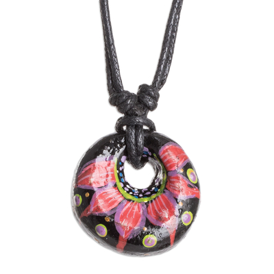 Floral Adjustable Painted Ceramic Pendant Necklace in Red