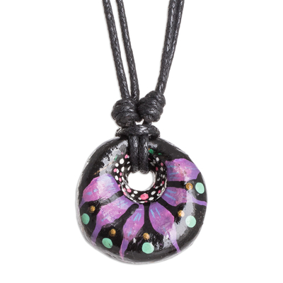 Floral Adjustable Painted Ceramic Pendant Necklace in Purple