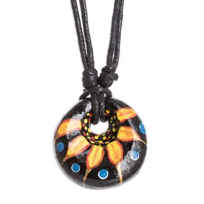 Floral Adjustable Painted Ceramic Pendant Necklace in Yellow