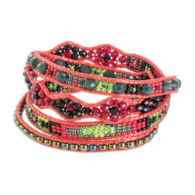 Hand-Woven Beaded Wrap Bracelet in Red with Pewter Button