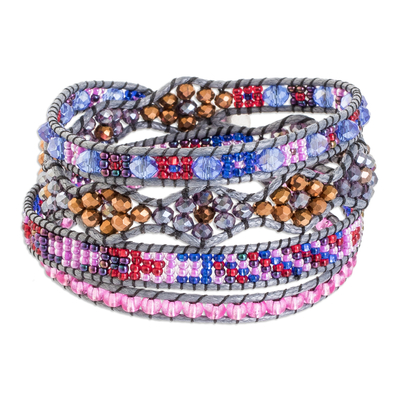 Hand-Woven Beaded Wrap Bracelet in Pink with Pewter Button