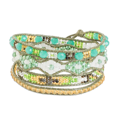 Hand-Woven Beaded Wrap Bracelet in Green with Pewter Button
