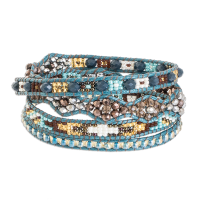 Hand-Woven Beaded Wrap Bracelet in Blue with Pewter Button