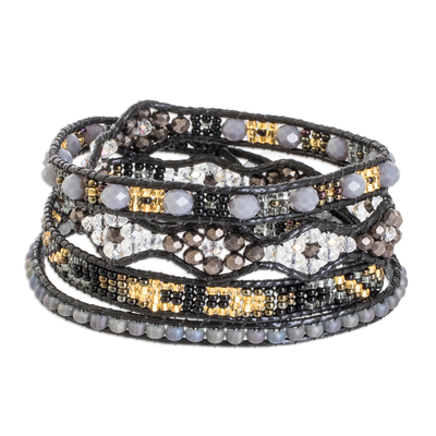 Hand-Woven Beaded Wrap Bracelet in Black with Pewter Button