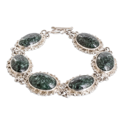 Sterling Silver Link Bracelet with Dark Green Jade Stones