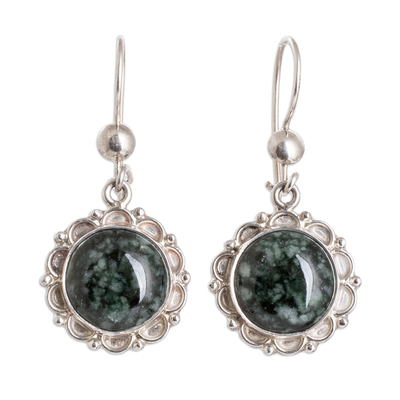 Sterling Silver Dangle Earrings with Dark Green Jade Stones