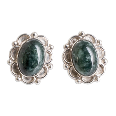 Sterling Silver Button Earrings with Dark Green Jade Stones