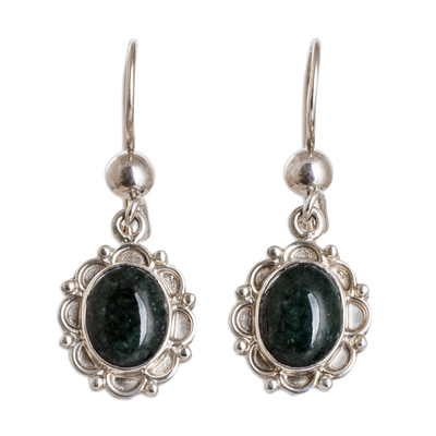 925 Silver Dangle Earrings with Dark Green Jade Stones