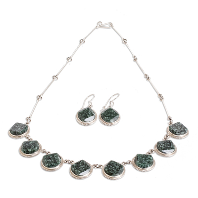 925 Silver Dark Green Jade Necklace & Earrings Jewelry Set
