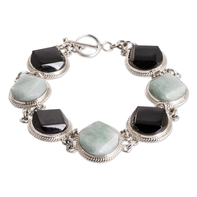 Sterling Silver Black and Apple Green Jade Link Bracelet