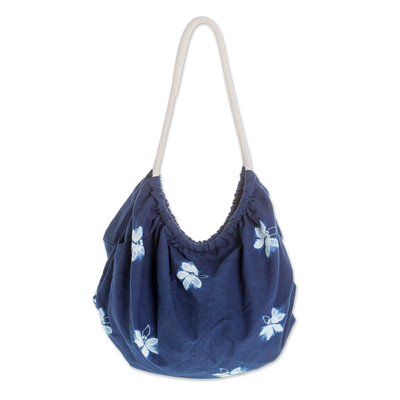 Butterfly-Themed Indigo Cotton Hobo Shoulder Bag