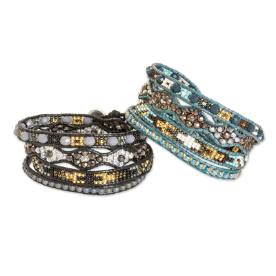 2 Hand-Woven Beaded Wrap Bracelets in Blue and Black
