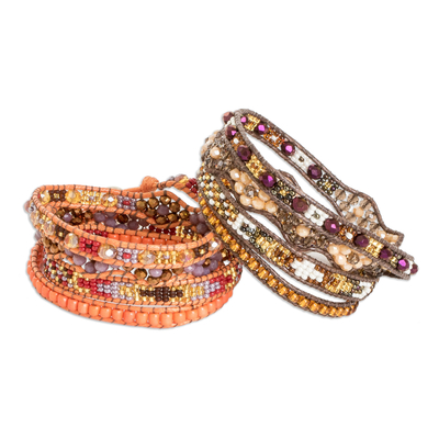 2 Hand-Woven Beaded Wrap Bracelets in Orange and Brown