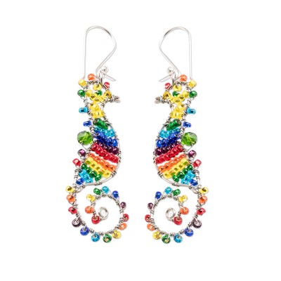 Rainbow Crystal and Glass Beaded Seahorse Dangle Earrings