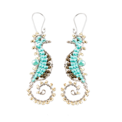 Turquoise Crystal and Glass Beaded Seahorse Dangle Earrings