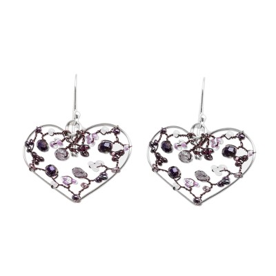 Heart-Shaped Purple Crystal and Glass Beaded Dangle Earrings