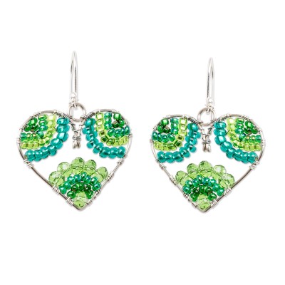 Heart-Themed Green Crystal and Glass Beaded Dangle Earrings