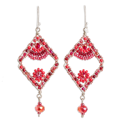 Diamond-Shaped Red Crystal and Glass Beaded Dangle Earrings