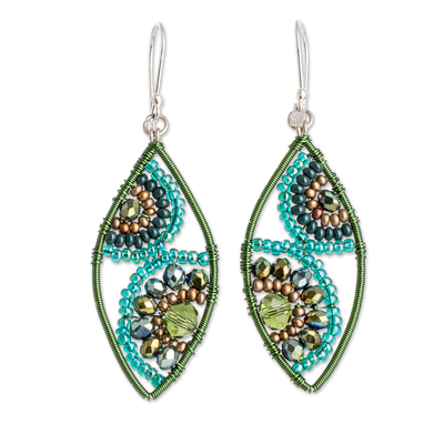 Green and Turquoise Crystal and Glass Beaded Dangle Earrings