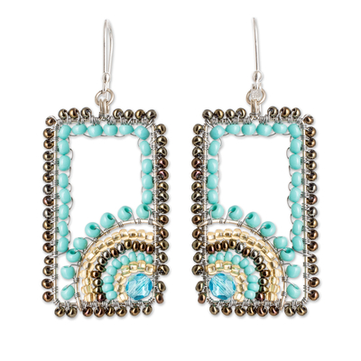 Rectangular Turquoise and Golden Beaded Dangle Earrings