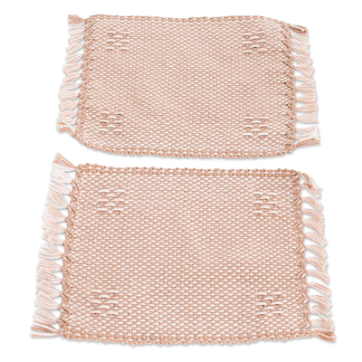 Pair of Handwoven Cotton Coasters in Beige with Fringes