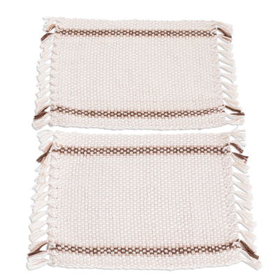 Pair of Handwoven Cotton Coasters in Brown and Ivory