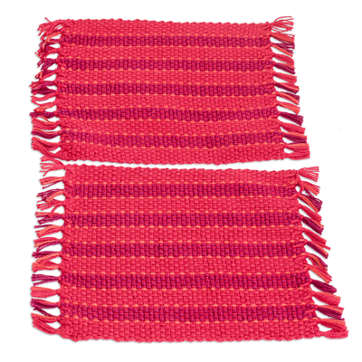 Pair of Handwoven Striped Cardinal Red Cotton Coasters