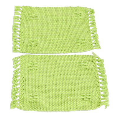 Pair of Hand-Woven Cotton Coasters in Green with Fringes