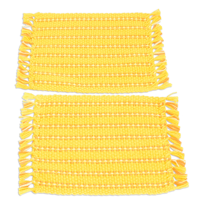 2 Hand-Woven Fringed Cotton Coasters in Yellow and Orange
