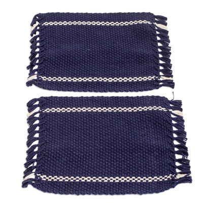 Pair of Hand-Woven Fringed Cotton Coasters in Blue and White