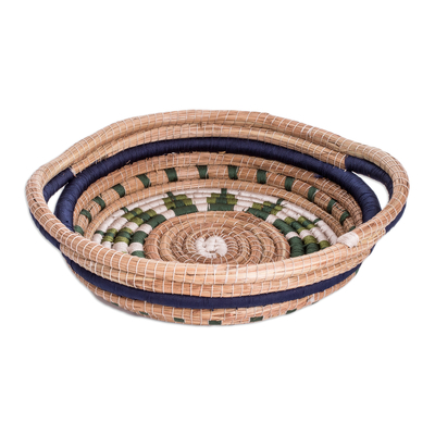 Handwoven Natural Fiber Basket in Navy and Green Hues