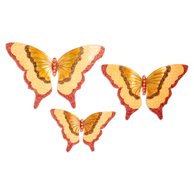 Set of 3 Handcrafted Golden Beaded Butterfly Wall Accents