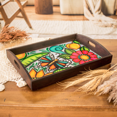Hand-Painted Tropical Butterfly-Themed Brown Pinewood Tray