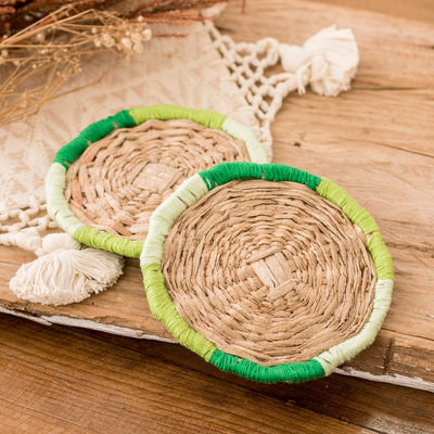 Handcrafted Round Green Natural Fiber Coasters (Pair)