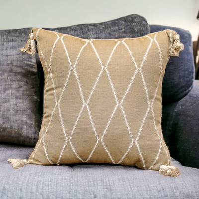 Diamond-Patterned Sage and Ivory Cotton Cushion Cover