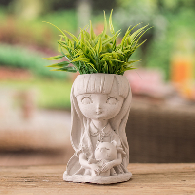 Handcrafted Whimsical Girl and Teddy Bear Cement Flower Pot